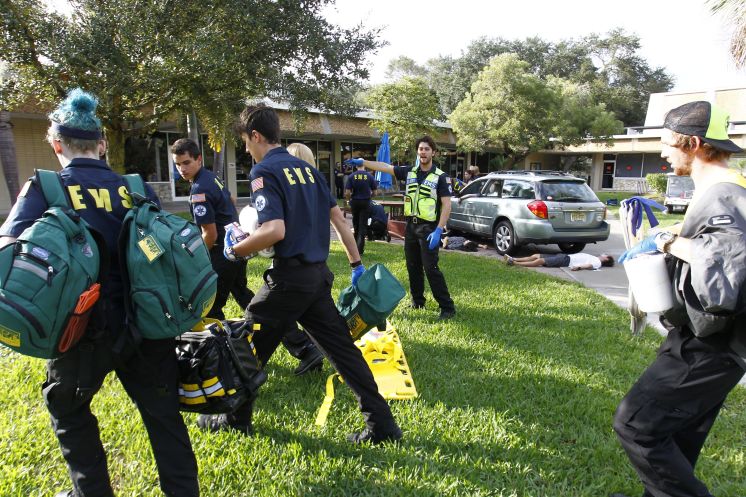 By LUIS SANTANA | Times - Incident commander Henry Ashworth directs team members during a simulated mass casualty incident on campus last month.